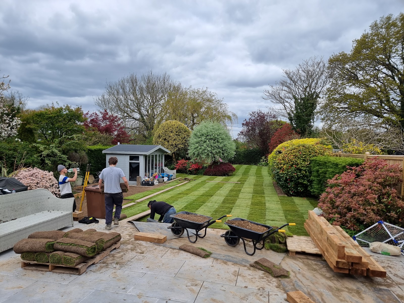 The team mid-install — barrowing topsoil and unrolling fresh turf across a prepared garden, the new striped lawn taking shape row by row.